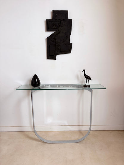 Console moderniste en métal chromé et verre