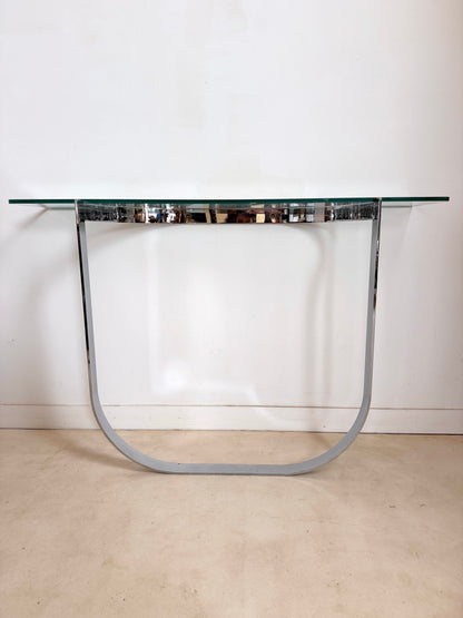 Console moderniste en métal chromé et verre