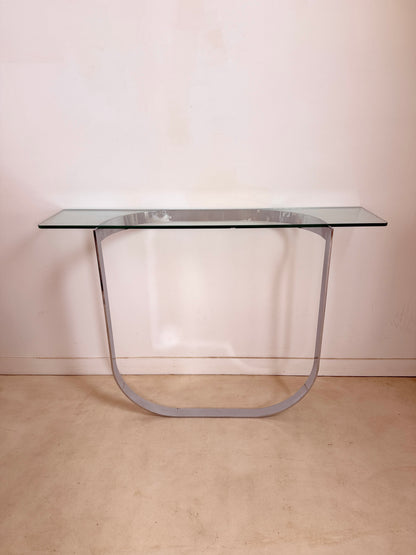 Console moderniste en métal chromé et verre