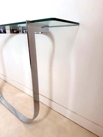 Console moderniste en métal chromé et verre