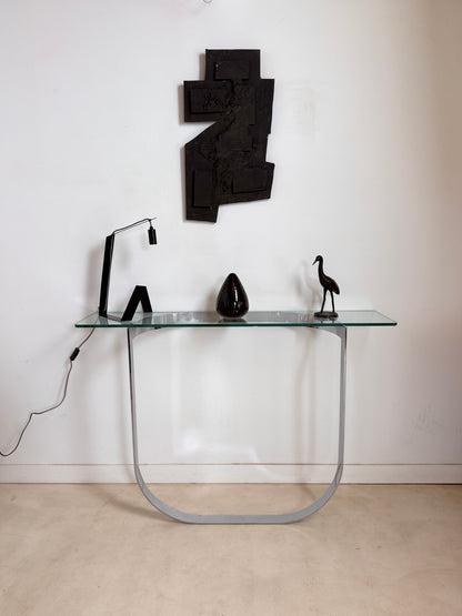 Console moderniste en métal chromé et verre
