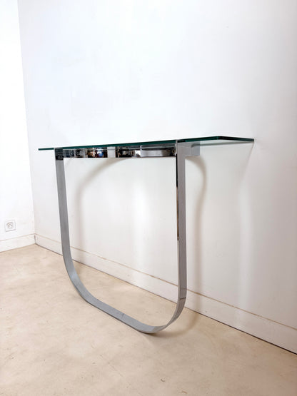 Console moderniste en métal chromé et verre