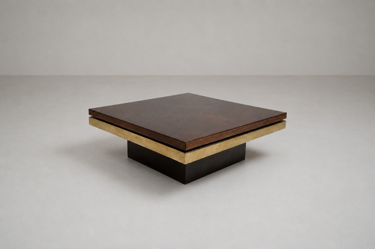Table basse en loupe d’orme et laiton par Roche & Bobois