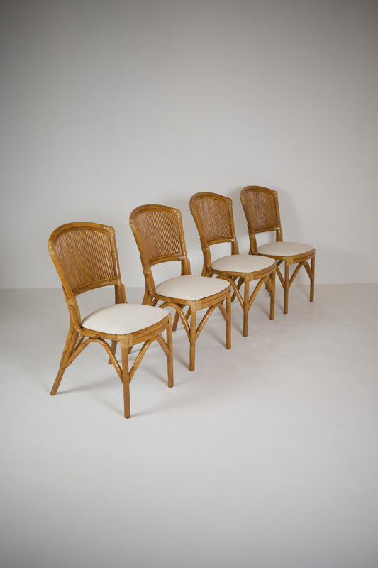 Suite de 4 chaises en rotin et tissu écru – esprit Riviera / années 1970