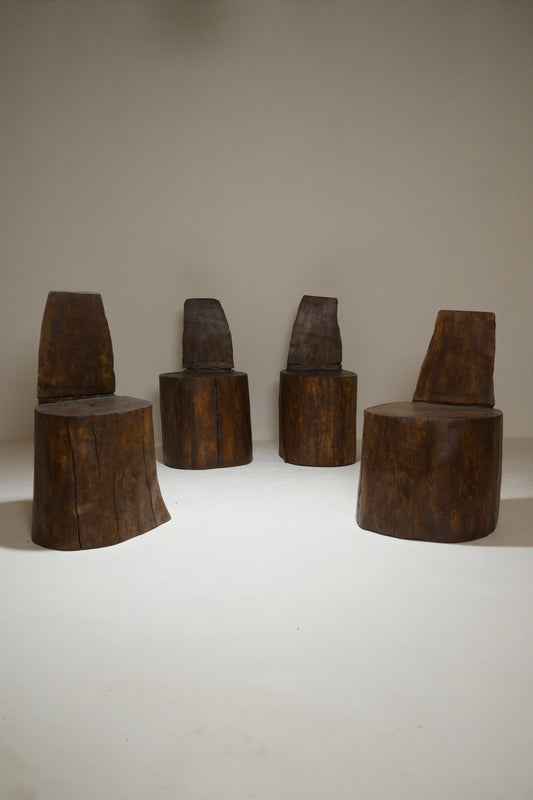 4 fauteuils monoxyles brutalistes en bois massif, années 1970