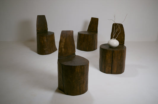4 fauteuils monoxyles brutalistes en bois massif, années 1970
