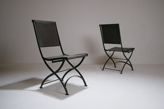 Chaise pliante en fer forgé et cuir - 1950