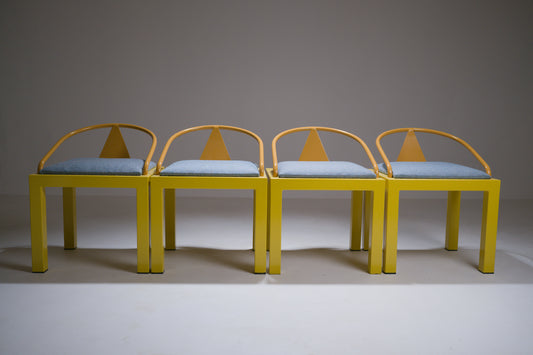 Chaise postmoderne en métal laqué jaune et bleu, esprit Memphis