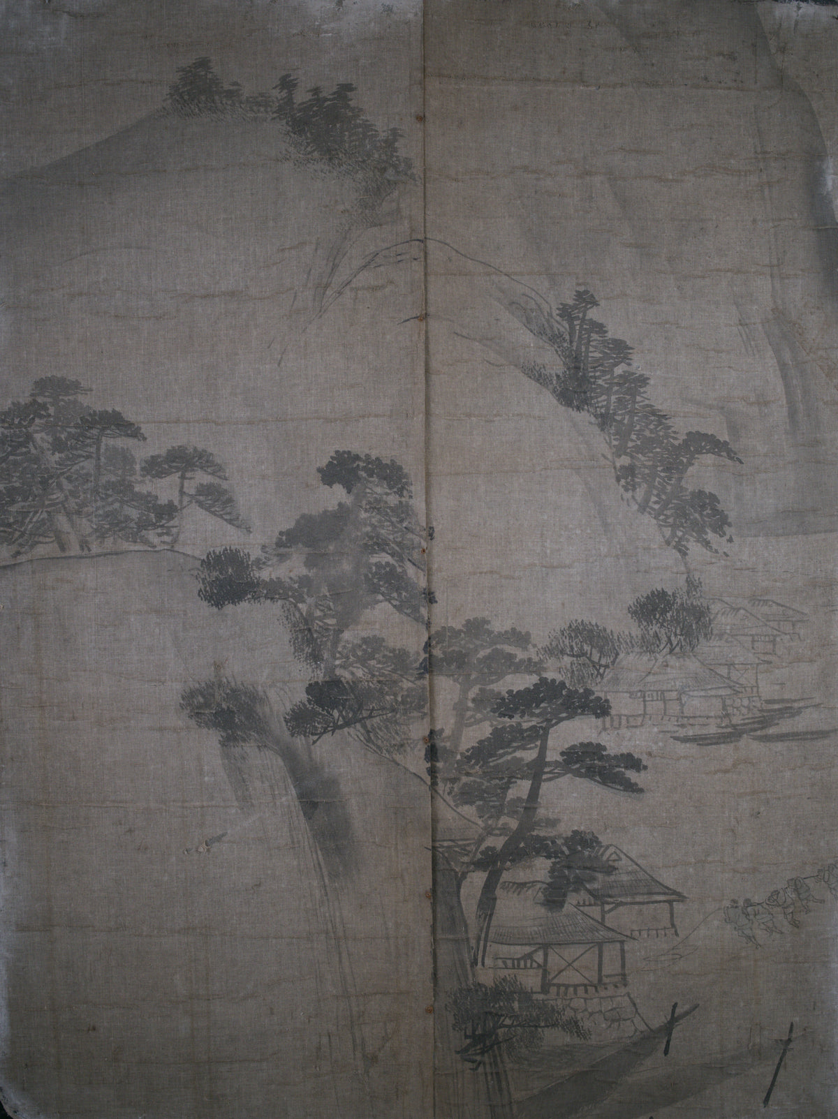 Large East Asian Ink-Painted Wall Panel
