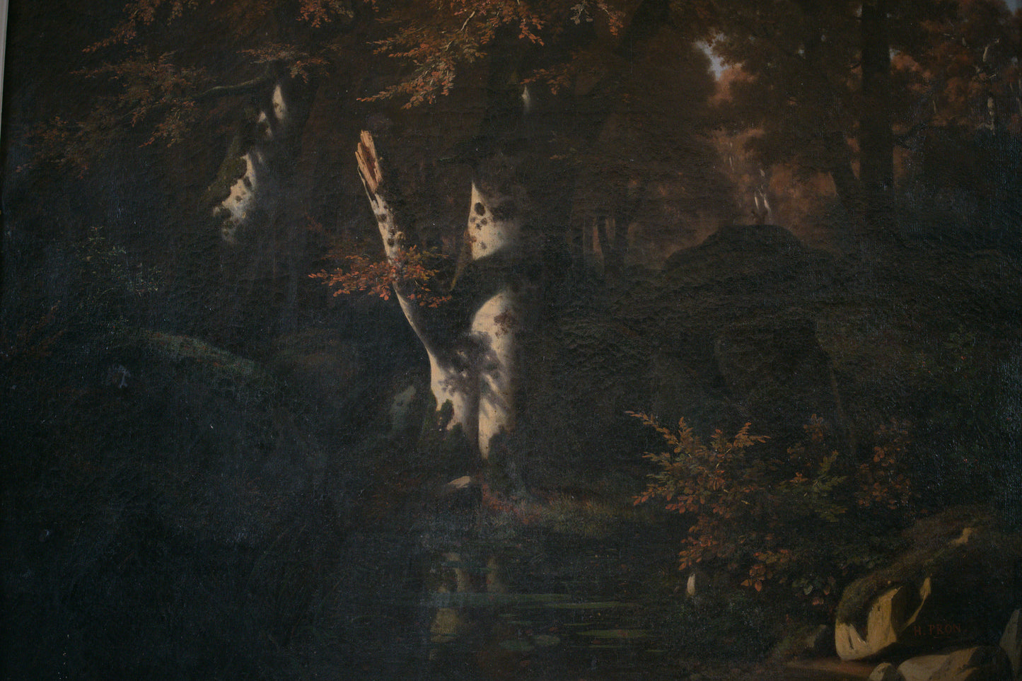 Grand paysage de sous-bois par Louis-Hector Pron, France, XIXe siècle