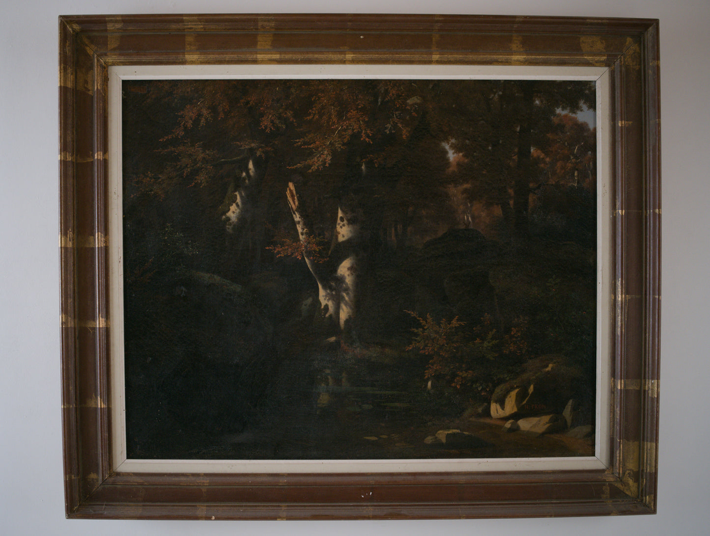 Grand paysage de sous-bois par Louis-Hector Pron, France, XIXe siècle