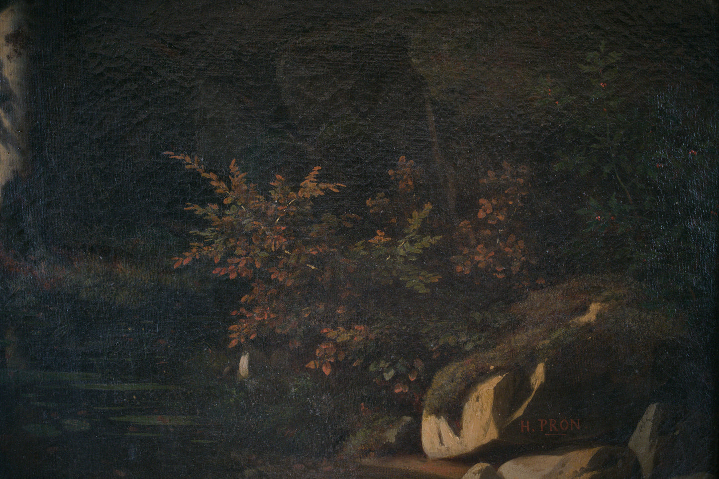 Grand paysage de sous-bois par Louis-Hector Pron, France, XIXe siècle