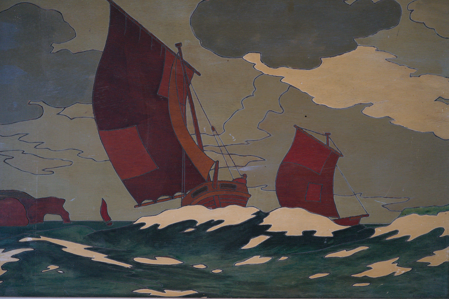 Panneau de bois gravé et peint signé P. Hervieu. C1940