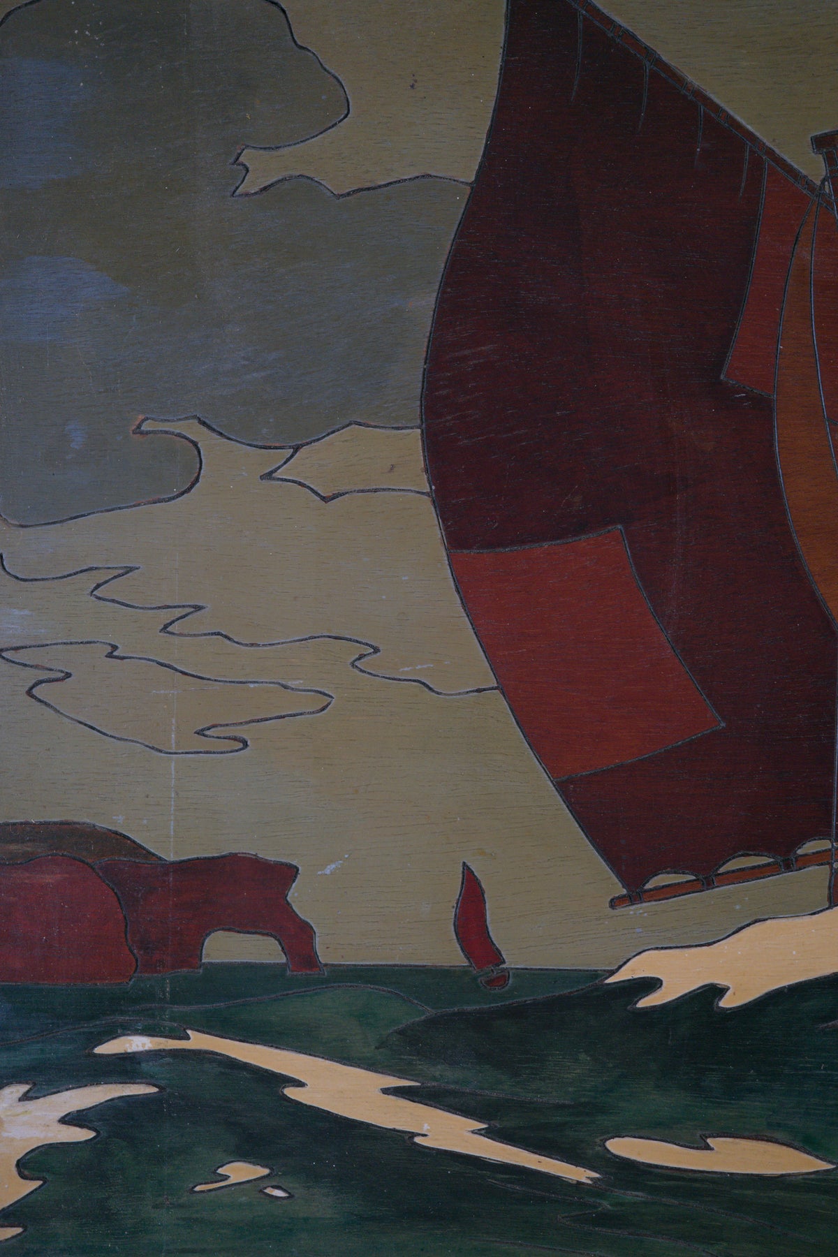 Panneau de bois gravé et peint signé P. Hervieu. C1940