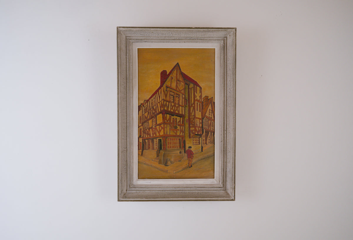 Maison à pans de bois - Panneau de bois gravé et teinté signé P. Hervieu. C1940