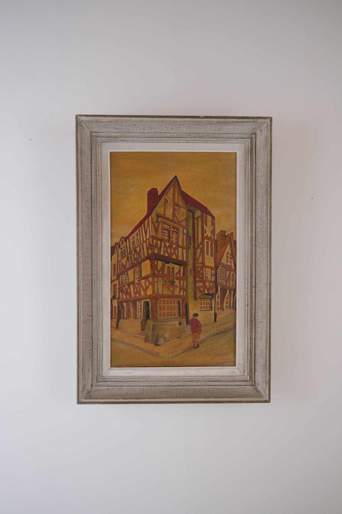 Maison à pans de bois - Panneau de bois gravé et teinté signé P. Hervieu. C1940
