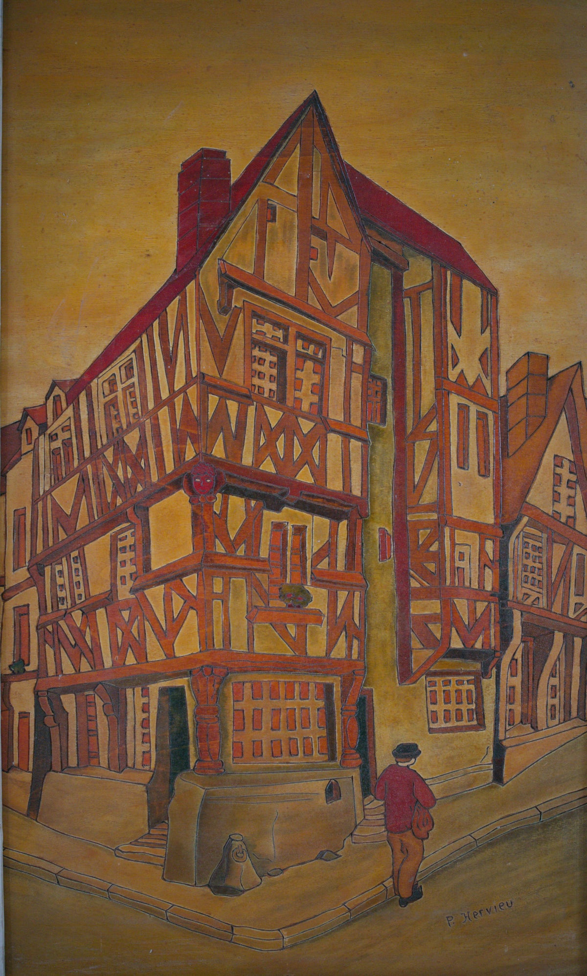 Maison à pans de bois - Panneau de bois gravé et teinté signé P. Hervieu. C1940