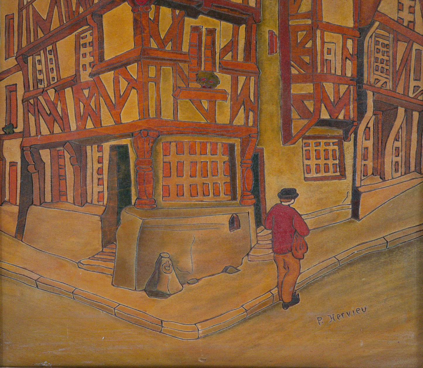 Maison à pans de bois - Panneau de bois gravé et teinté signé P. Hervieu. C1940