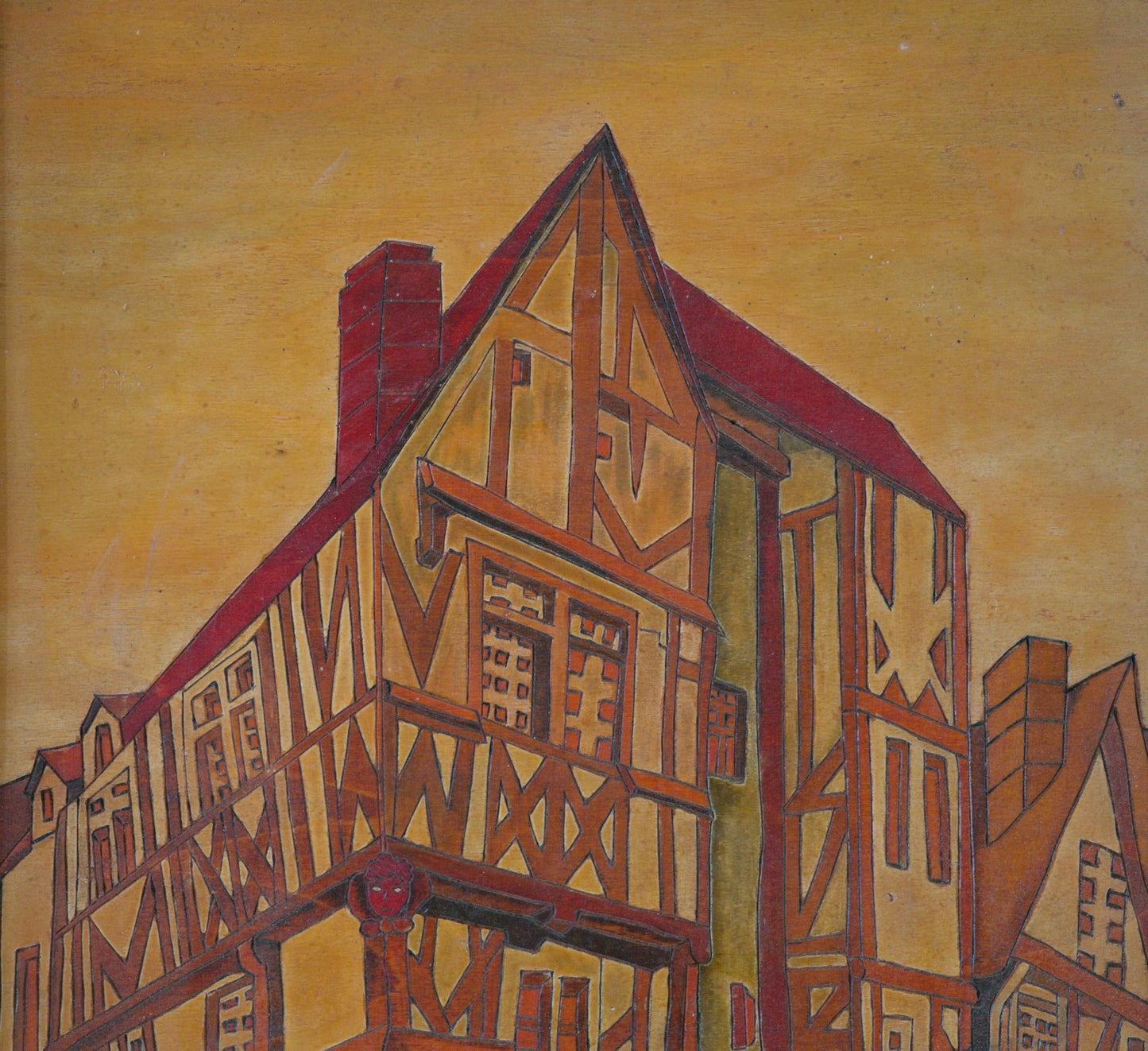 Maison à pans de bois - Panneau de bois gravé et teinté signé P. Hervieu. C1940