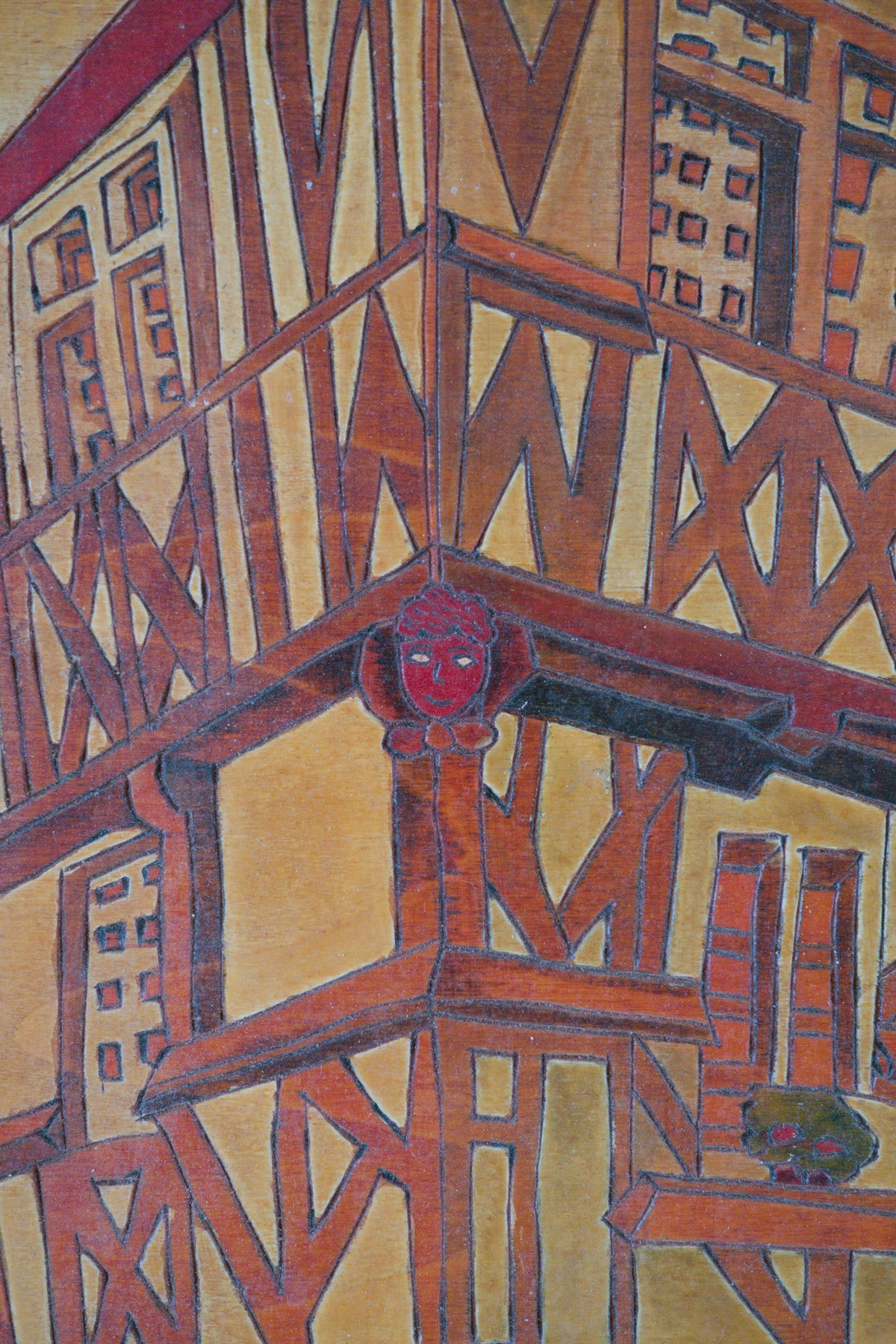 Maison à pans de bois - Panneau de bois gravé et teinté signé P. Hervieu. C1940